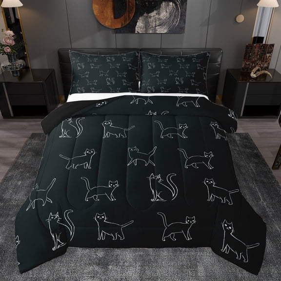 Homewish Kawaii Cat Print Bedding Comforter Set for Teens, Cartoon Kitten Lover Twin Comforter Sets, Simple Art Style Reversible Bedding Set, Microfiber Bedroom Decor, 2-Piece