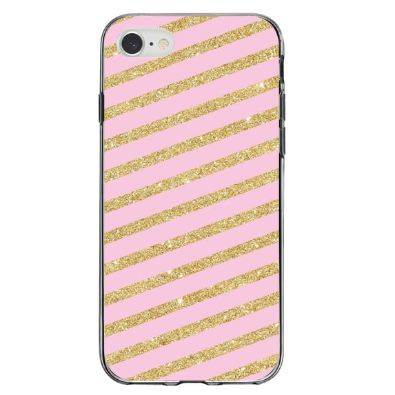 DistinctInk Clear Shockproof Hybrid Case for iPhone 7 8 SE (2020 Model) 4.7" Screen TPU Bumper Acrylic Back Tempered Glass Screen Protector - Pink & Gold Print - Diagonal Stripes Pattern
