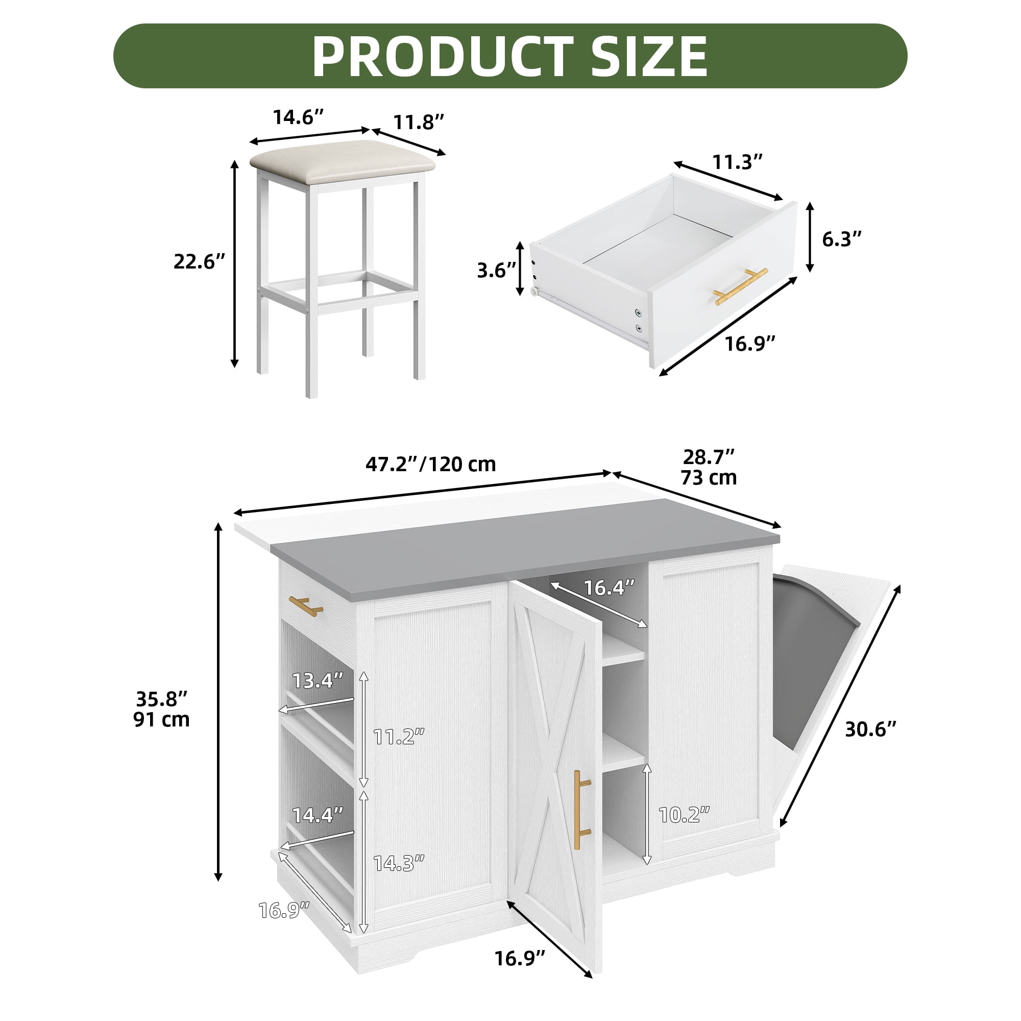 Uforic Kitchen Island with Drop Leaf & Seatings, Island with Power Outlets & Trash Storage, White