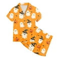 thumbnail image 5 of Caqnni Halloween Pjs Girls Satin Pajamas Set Pumpkin Print Short Sleeve Button-Down Shirt and Shorts 2 Piece Sleepwear Halloween Pjs Girls (4-5 Years,Yellow), 5 of 5