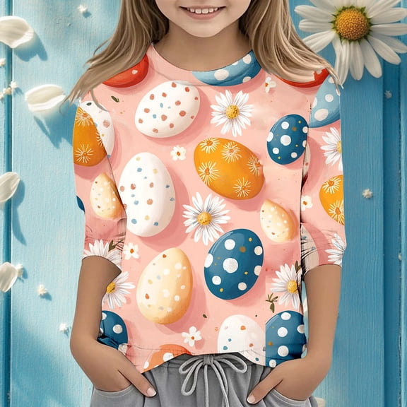 Toddler Girls Summer Cute Tops Seve Quarter Sleeve Easter Printed Crew Neck T Shirt Top Size 3-4T ,Orange