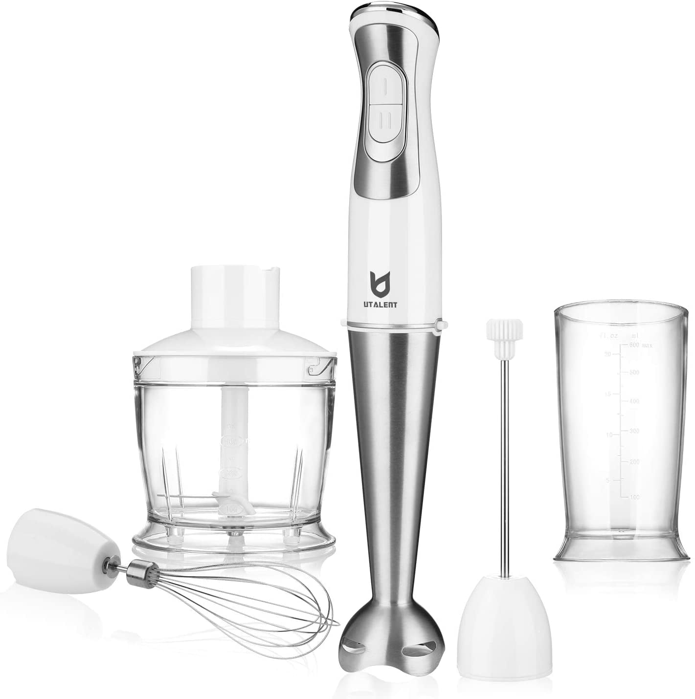 6 Speed Stainless Steel Immersion Stick Blender with Milk Frother,500ml Chopper Egg Whisk 5-in-1 Immersion Hand Blender Multifunctional MEETOZ Immersion Blender 600ml Container 