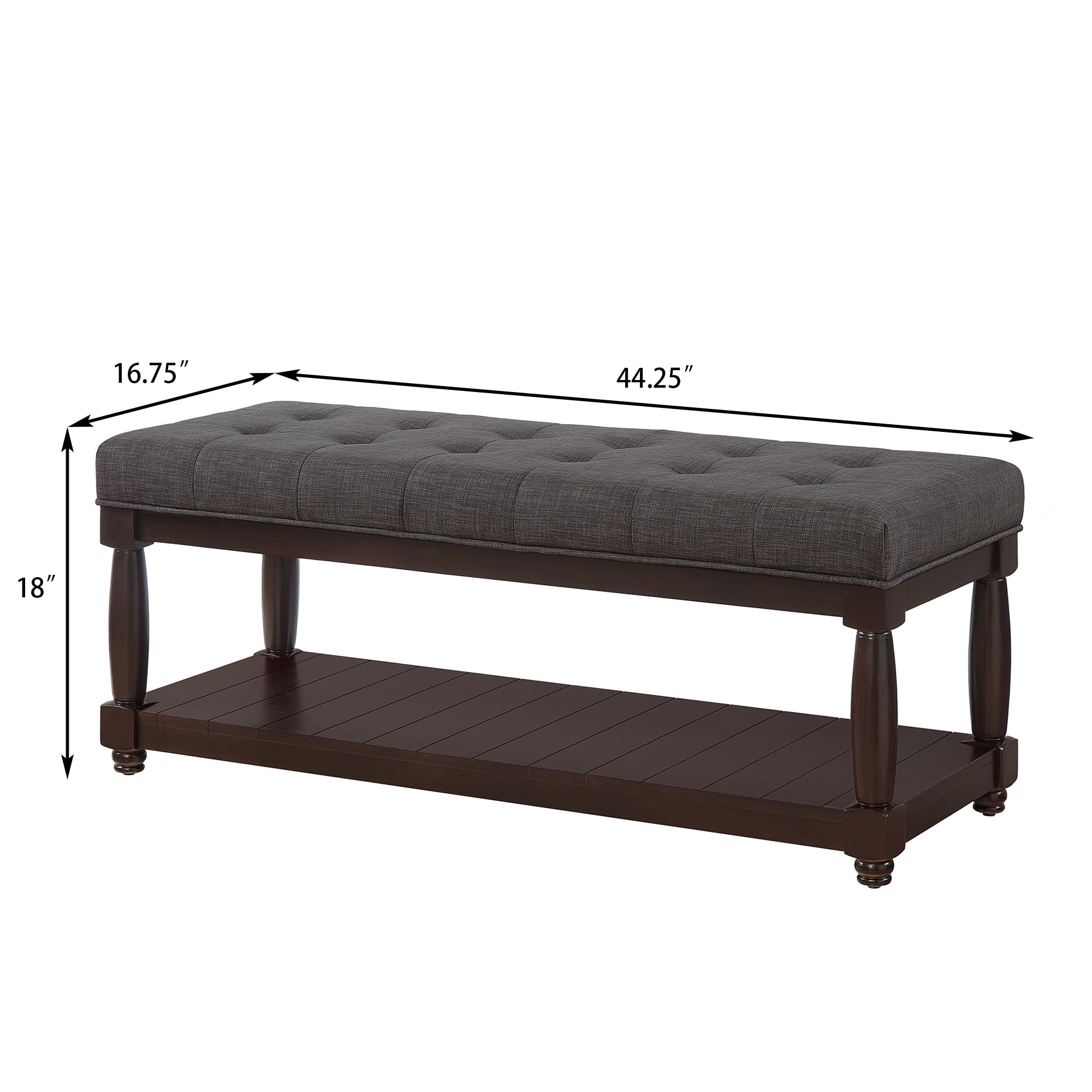 Leumius Upholstered Linen Bench with Storage Shelf, Solid Wood Spindle Legs Accent Furniture Tufted Ottoman Bench for Bedroom Entryway Living Room Dark Gray