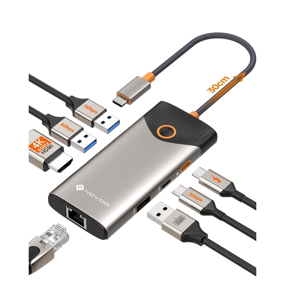 NOVOO 7-in-1 USB-C Hub 4K 60Hz HDMI Gigabit Ethernet 100W PD Screen-Off Button