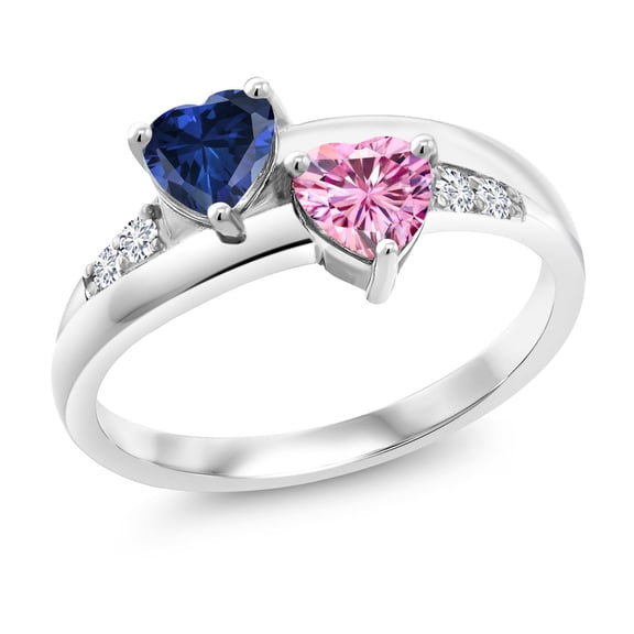 Gem Stone King 925 Sterling Silver Solitaire Ring Heart Shape Blue Created Sapphire and Vivid Pink Moissanite (1.08 Cttw, Size 6)