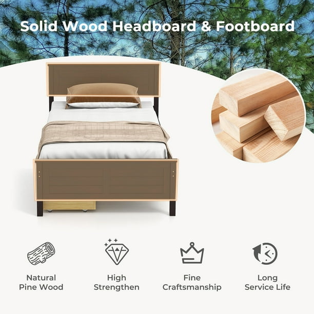 Gymax Twin Size Wooden Bed Frame with 2 Storage Drawers & Under