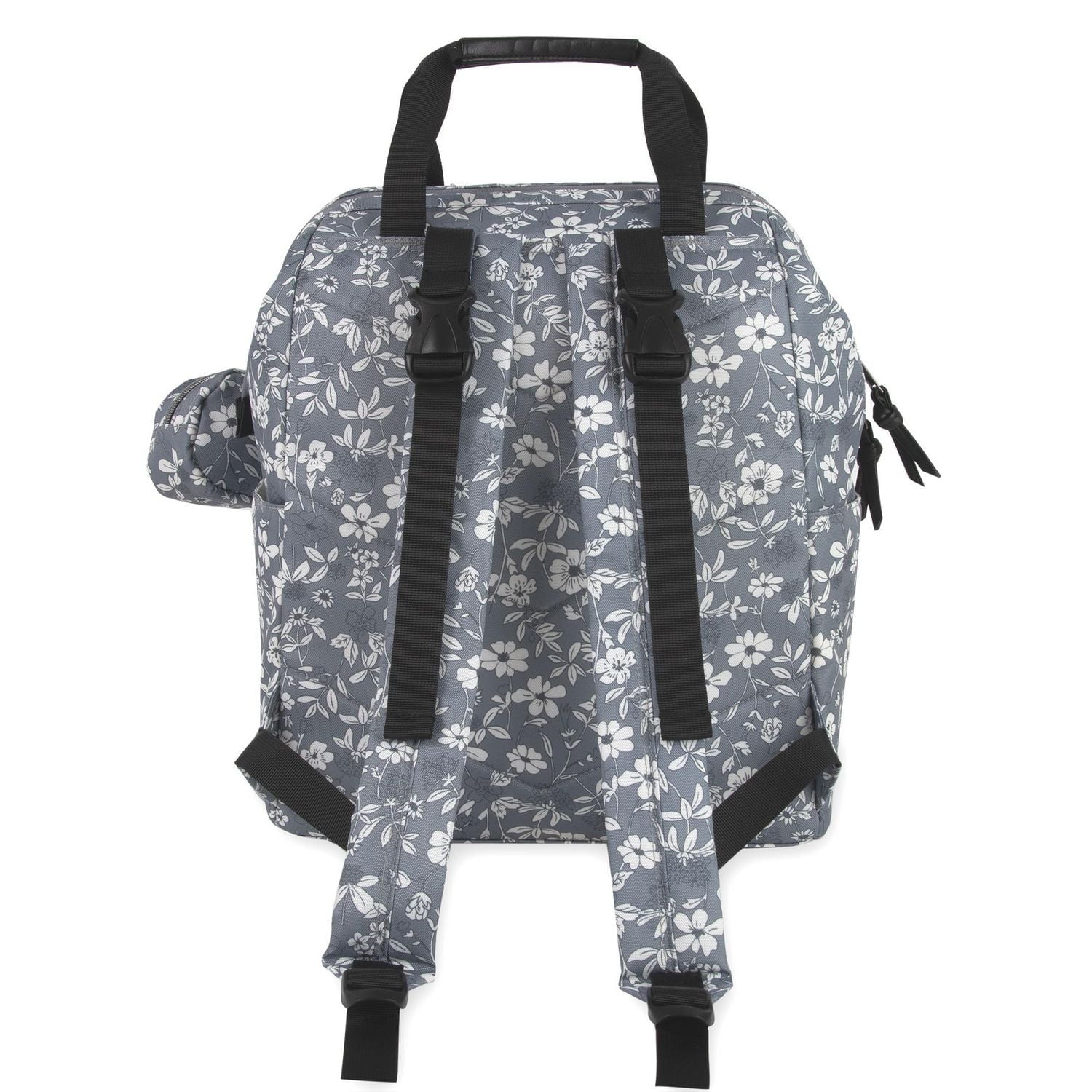 Baby Essentials Super Cooler Main Frame Dual Zipper Closure Diaper Bag Backpack Tote with Matching Changing Pad, Insulated Bottle Pockets, Stroller Straps and Pacifier Pouch in Grey Floral, 11 pockets