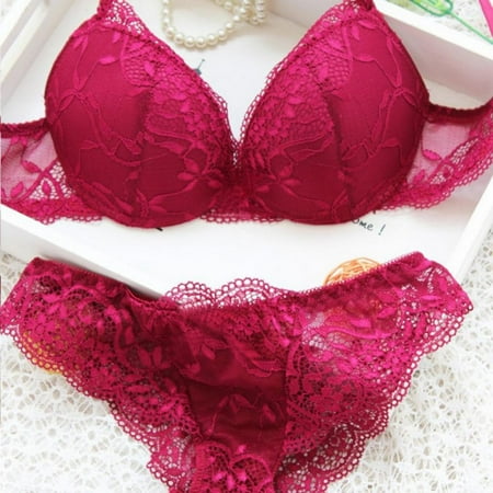 

SweetCandy Women Fashion Lace Embroidery Bra Set Push Up Adjusted Straps 3/4 Cup Bra Underwear Set
