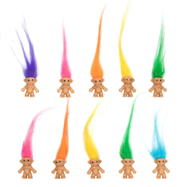 10 PCS Long-haired Lucky Mini Troll Dolls, Assorted Hair Colors, 0.78 Bodies, 2 Hair. Cake Toppers, Action Figures, School Project, Arts and Crafts, Party Favors