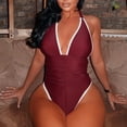 thumbnail image 5 of UTSJKR Women One Piece Swimsuit High End Stripe Deep V Neck Swimwear Ruffle Tummy Control Bathing Suit Monokini Wine L, 5 of 7
