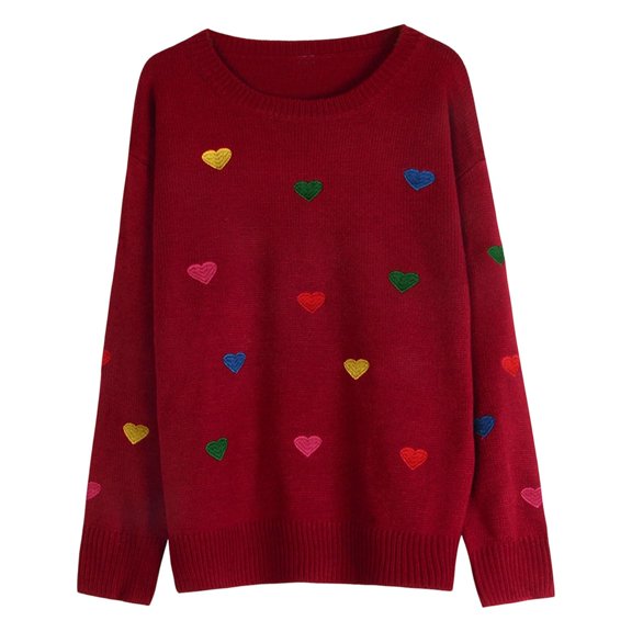 Telankuip Womens Colorful Heart Printed Sweaters Long Sleeve Crew Neck Knitted Casual Pullover Sweater for Valentine's Day Outfits Relaxed Fit Lightweight Soft Comfy Stylish Tops Red XL