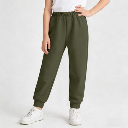 Hurxie Girls Sweatpants Straight Wide Leg Kids Drawstring Casual Joggers Teen Loose Athletic Pants with Pockets Army Green 5-6 Years