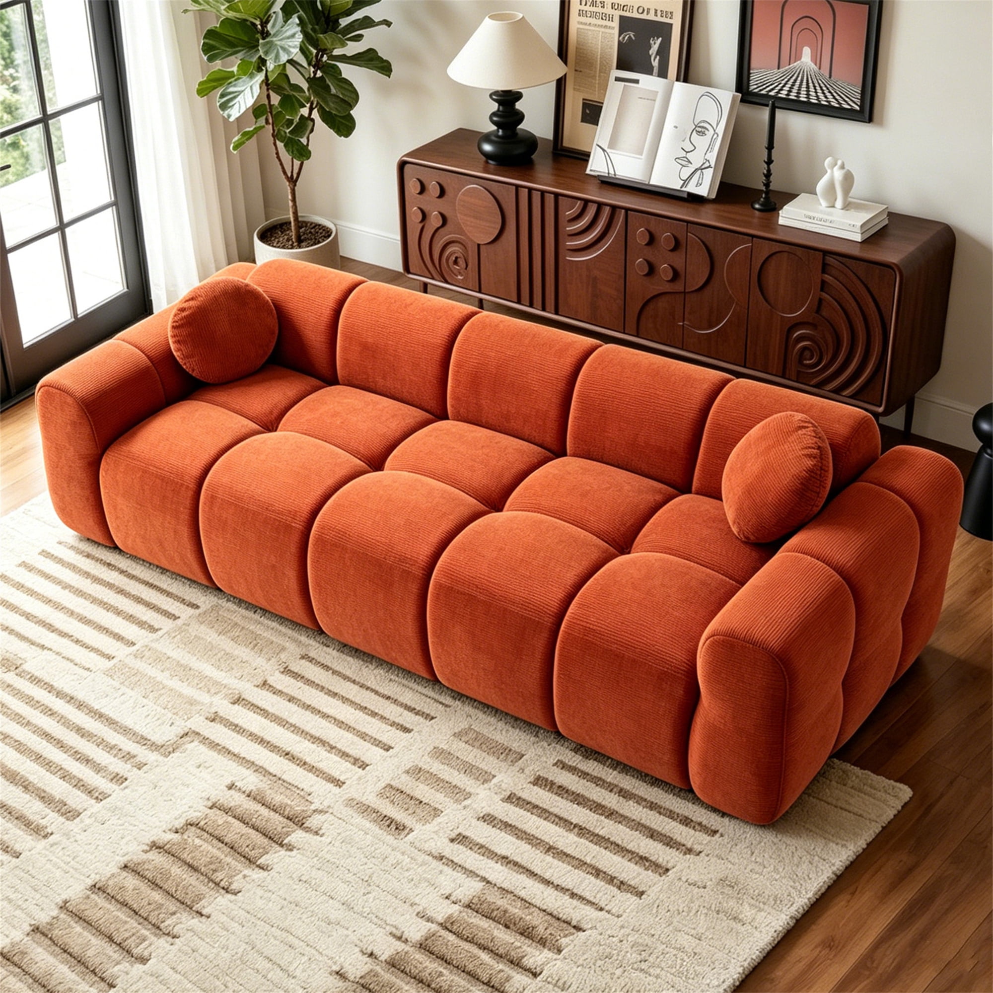 Aukfa 99" Oversized Cloud Sofa Boneless Couch 4-Seater Tufted Upholstered Sofa for Living Room, 2 Pillows, Corduroy, Orange