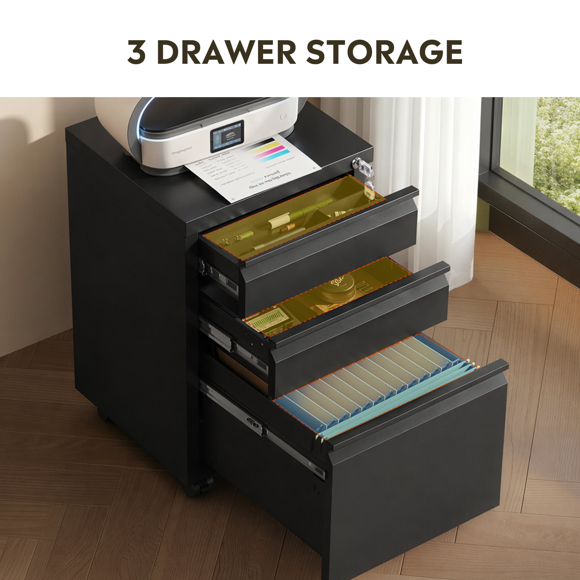 GALAXHERO 3 Drawer Metal File Cabinet with Lock(No Assembly), Mobile Printer Cabinet & Small Under Desk Filing Cabinet for Home Office, Fits Legal/Letter/A4, Black