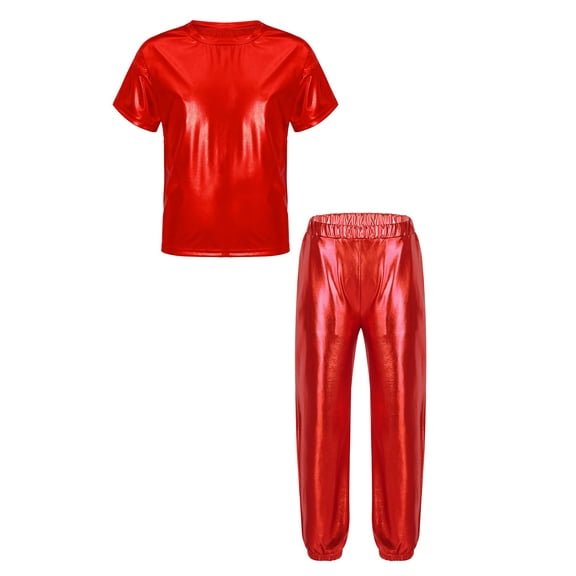 TiaoBug Kids Girls Boys Jazz Hip Hop Clothing Set Metallic T-shirt with Pant Street Ballet Dance Performance Costume Red 12