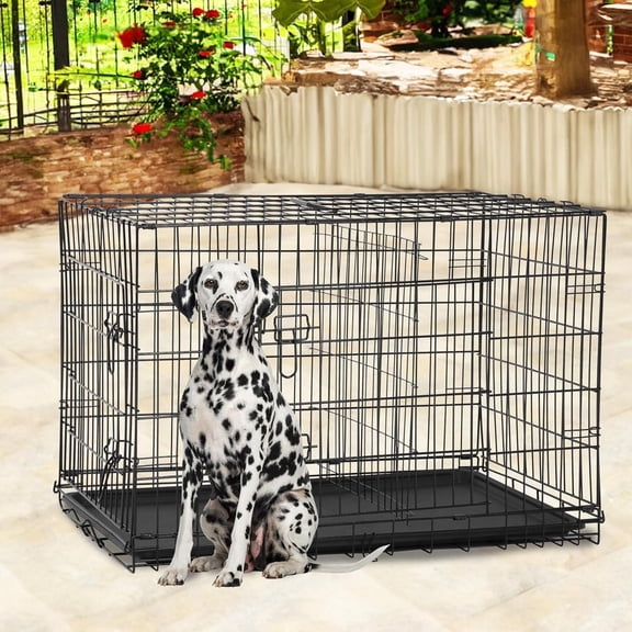 FDW 48 inch Foldable Metal Dog Crate for Large Dogs, Double Door, Divider, Removable Tray(Black)