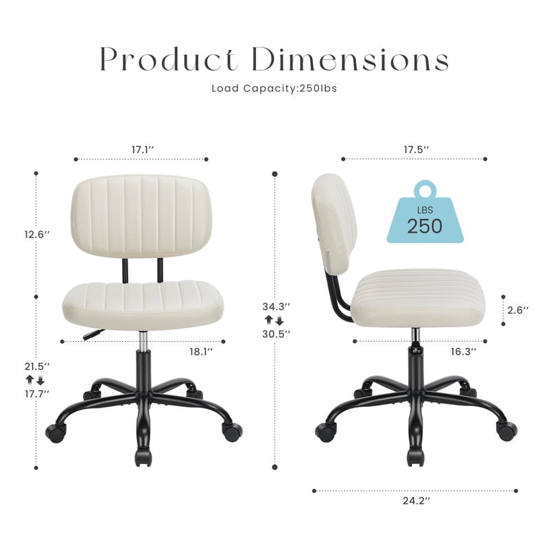 Desk Chair, Armless Activity Chair with Wheels, Comfy Low Back Swivel Task Chair, White