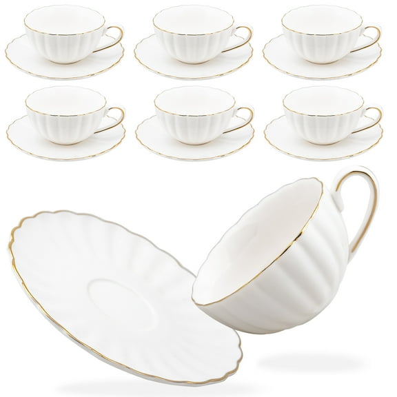 Prefdo Porcelain Tea Cups and Saucers Set of 6, British Style Ceramic Tea Cup Coffee Mug Espresso Cup White Tea Cup Set for Women Home Kitchen Office Coffee Shop Tea Party, 200ml/7 OZ