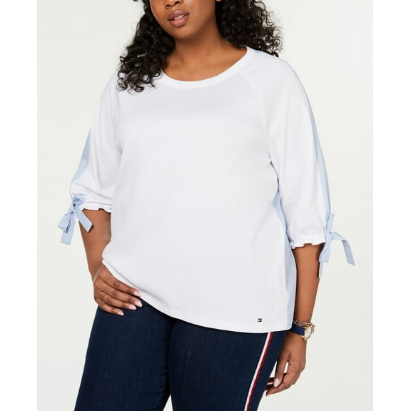 Tommy Hilfiger Plus Size Cotton Tie Cuff Top White 3X