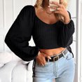 thumbnail image 2 of Top corto de corte bajo para mujer, Top corto holgado con mangas largas y espalda abierta para principios de otoño, camisa corta agradable a la piel para uso diario, negro M, 2 of 6