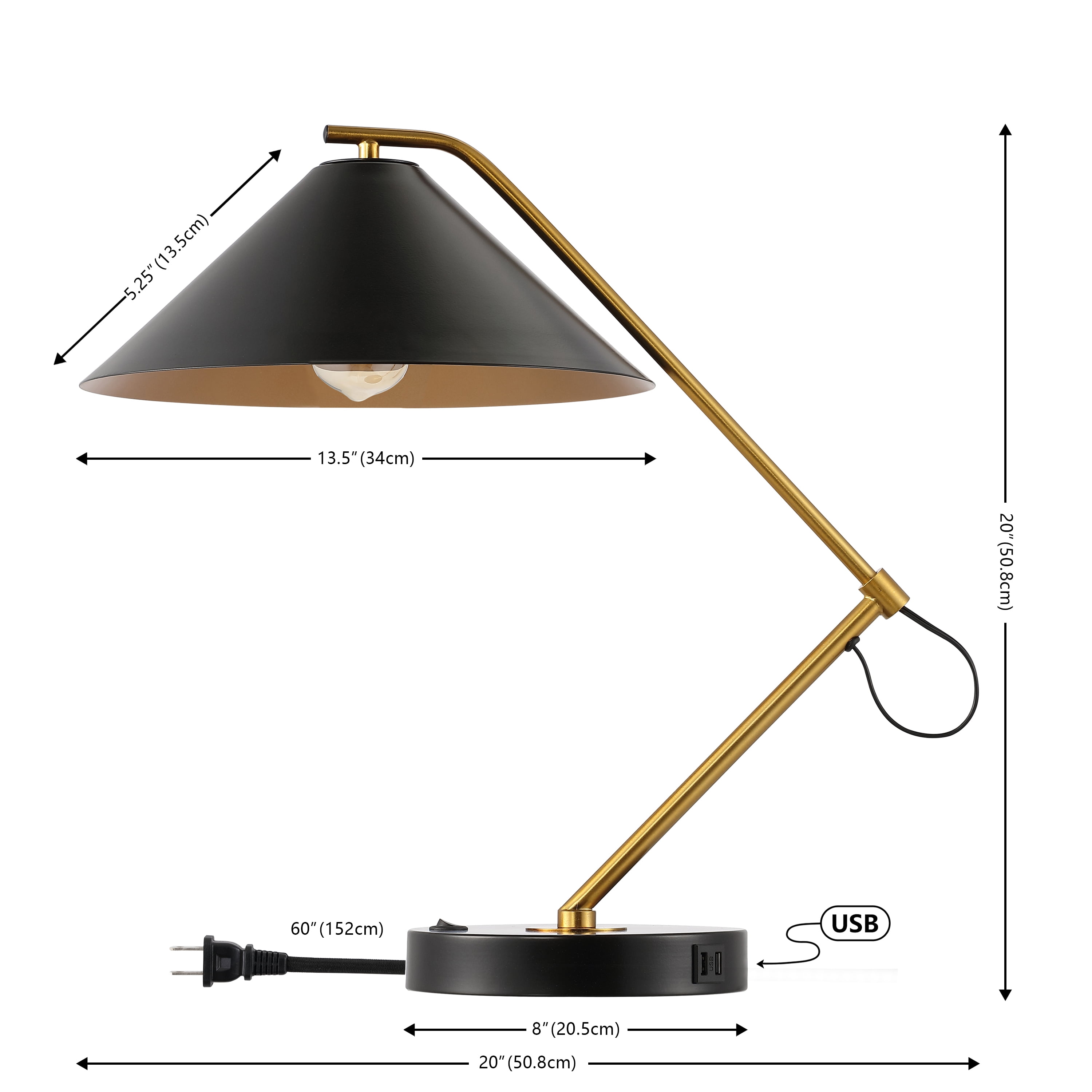 SAFAVIEH Moseby 21 in. Glam Black Metal USB Port Table Lamp with Black Shade