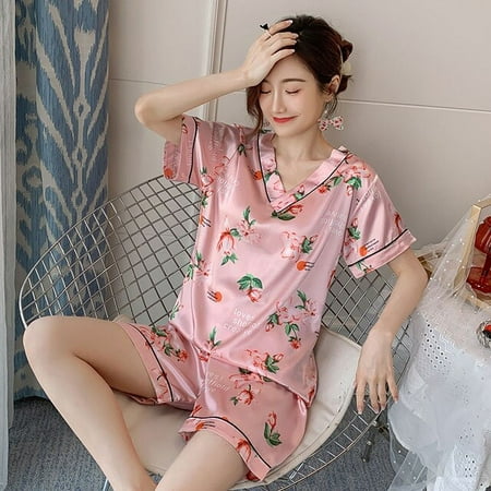 

DanceeMangoo WAVMIT Short Sleeve Pajamas Silk Set 2 Pcs Women Set Sleepwear Shirt Nightwear for Women Top Pant Home Wear Young Girl Pyjamas