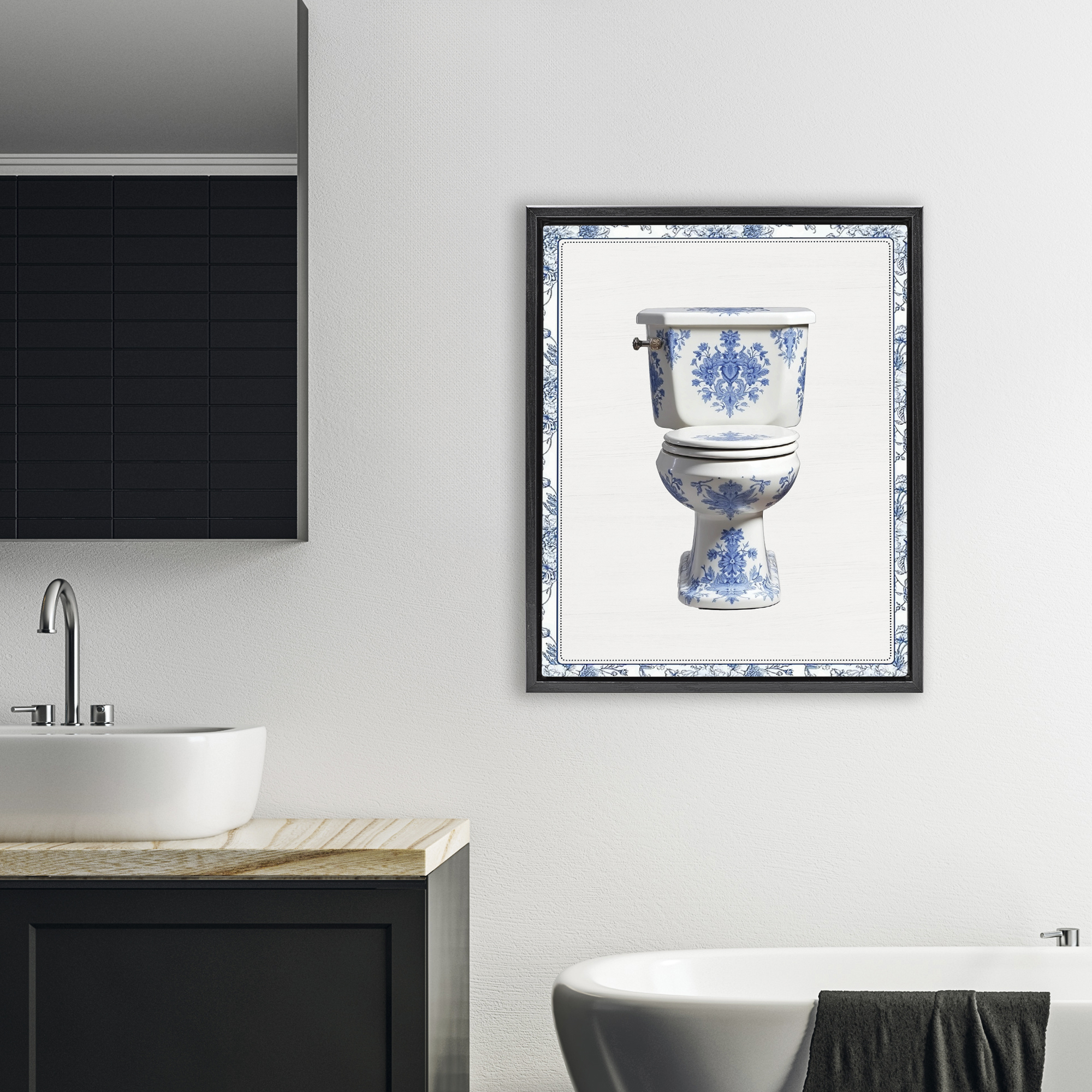 Vintage Chinoiserie Toilet Black Framed Floater Canvas Wall Art, design by Lettered and Lined