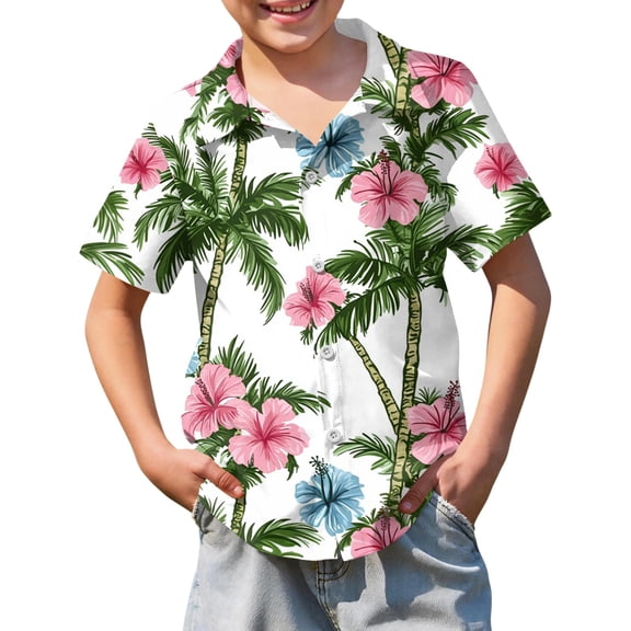 Abcomgle Hawaii Shirts for Boys Tropical Floral Print Boys Summer Shirts Button Down Short Sleeve Vacation Boys Hawaiian Outfit,Army Green,5-6Years