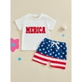 thumbnail image 2 of vera natura Toddler Boys 4th of July Shorts Sets Short Sleeve Letter Embroidery Tops Star Stripe Print Shorts Sets, 2 of 9