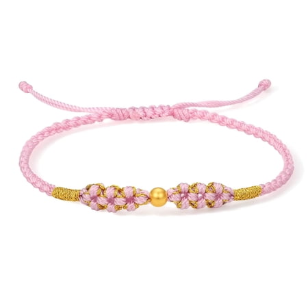 ZHOU LIU FU 999 Pure Gold Bead Charm String Bracelets Purple Braided Rope Lucky Jewelry Birthday Anniversary Gift for Women 6.3-8.7in