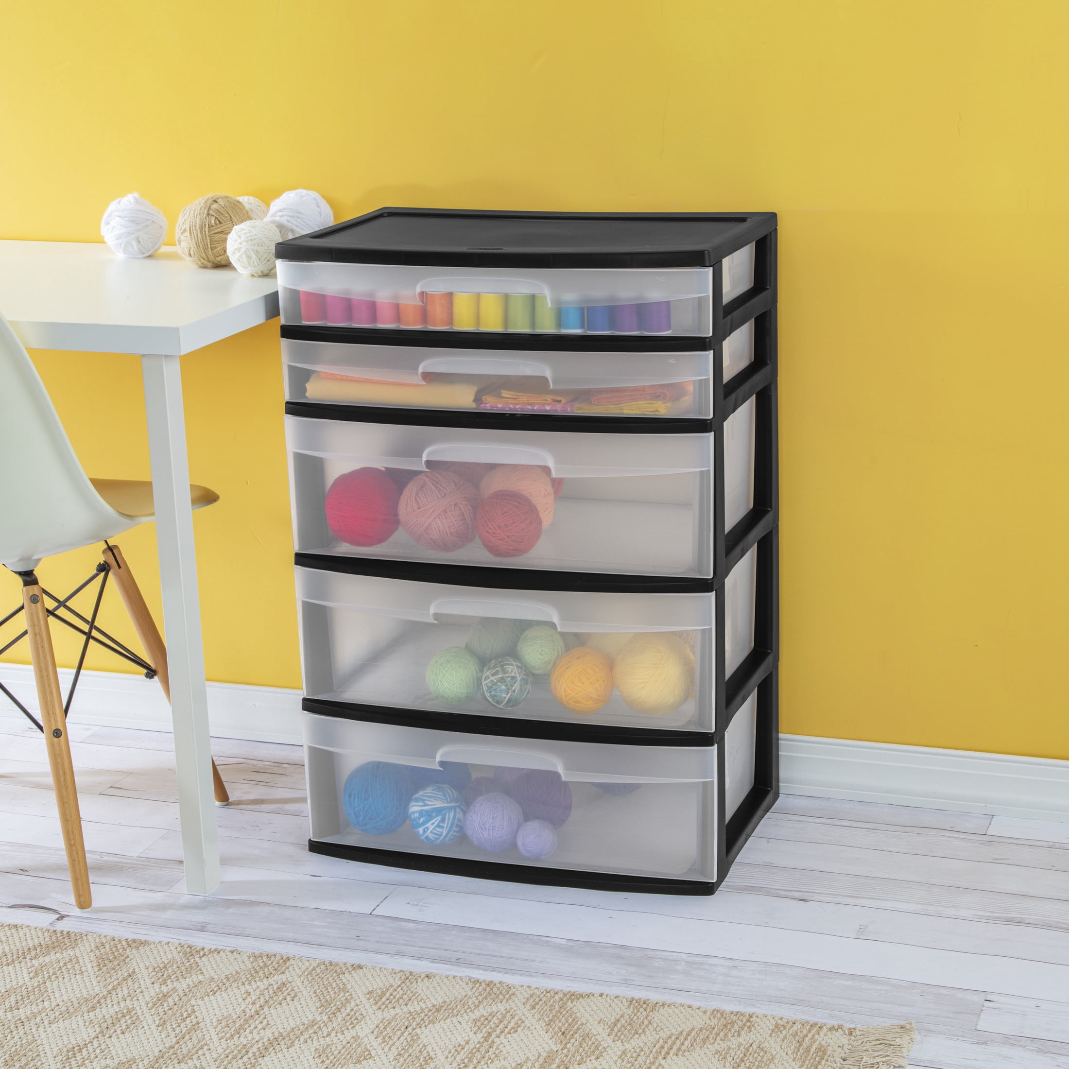 Sterilite 5 Drawer Wide Tower, with both Shallow and Deep Clear Plastic Drawers, Black