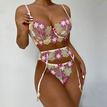 

Cntydi Pajamas for Women Gifts Women Sexy Printing Bralette Panty Strappy Lace Embroidery Lingerie Set