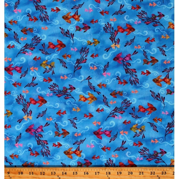 Cotton Oceanica Water Ocean Sea Bubbles Fish Sea Plants Coral Animals Habitat Blue Cotton Fabric Print by the Yard (AQSD-22409-4-BLUE)