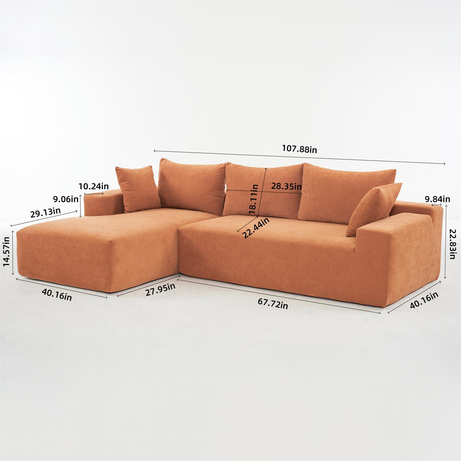Demi Bonn 108"x68" Extra-Deep Modular Cloud Sofa - 4-Person Chenille Sleeper Couch for Living Room Furniture, No Assembly Needed, Orange