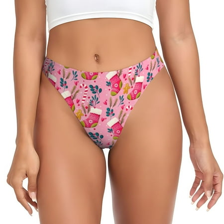 Qokaie Festive Christmas Stocking Cheer Printed Women s Cotton Thong Underwear  Sexy Breathable Panties G-string-Medium