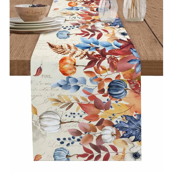 Table Runner 36 Inches Long for Kitchen Dining, Orange Blue Leaves Fall Dresser Scarf Farmhouse, Dining Table Decorations for Wedding/Parties, Thanksgiving Small Pumpkins Weeping 13 x 36 In