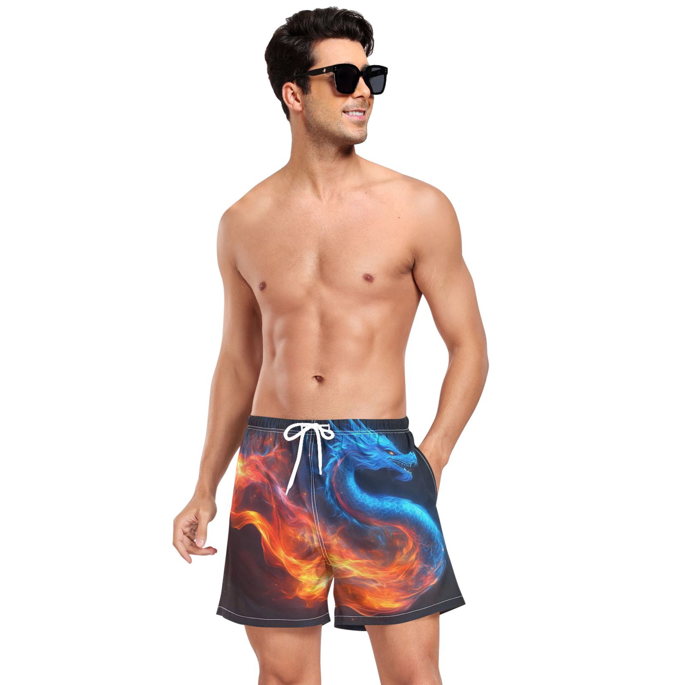 joogoo Men's Fire Dragon Swim Trunks with Liner Pocket Beach Shorts Medium