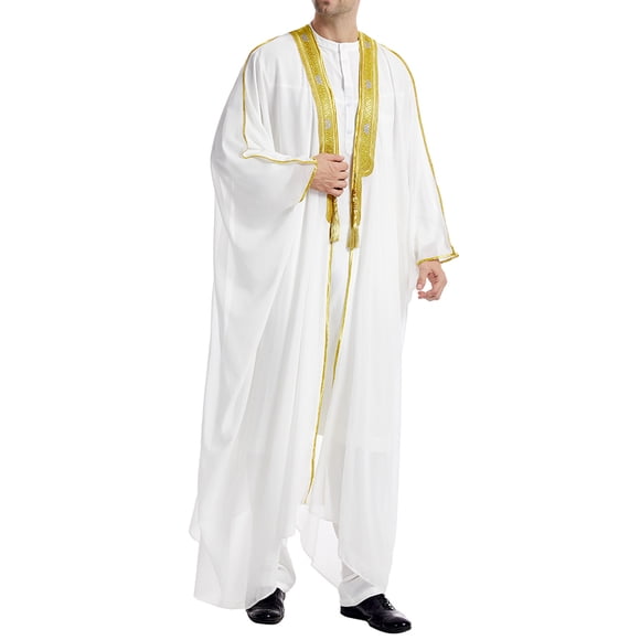 Men's Flowy Robe Muslim Clothes Kimono Loose Abaya Dresses Long Sleeve Embroidered Chiffon Kaftan Casual Formal Dubai Thobe Mens Eid