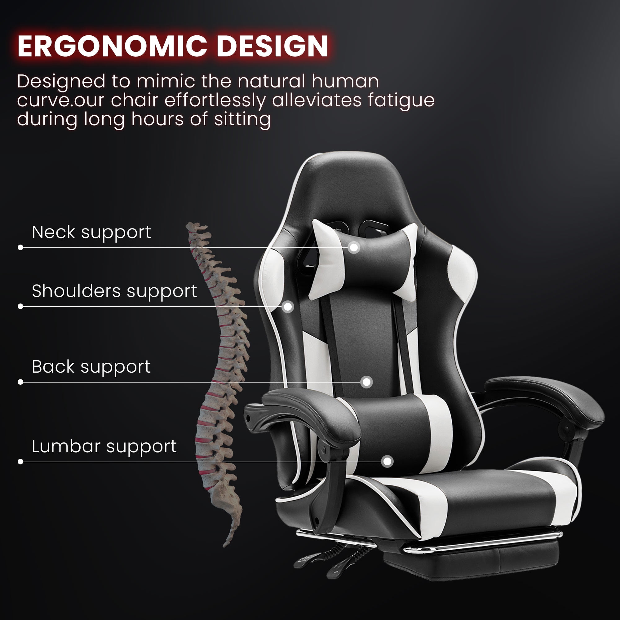 JONPONY Big and Tall Gaming Chair, Ergonomic Design, Gamer Chair PU Leather with Footrest and Lumbar Support, High Back Office Chair Support 8 Hours Long Sitting, Computer Chair,Black White