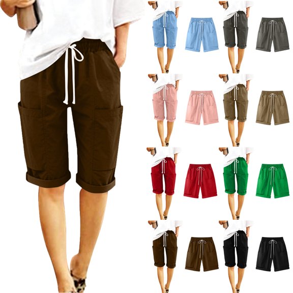 Shorts for Women Plus Size Summer Solid Color Casual Loose Elastic Waisted Loose Capris Outdoor Sport Leisure Wide Leg Pants with Pockets