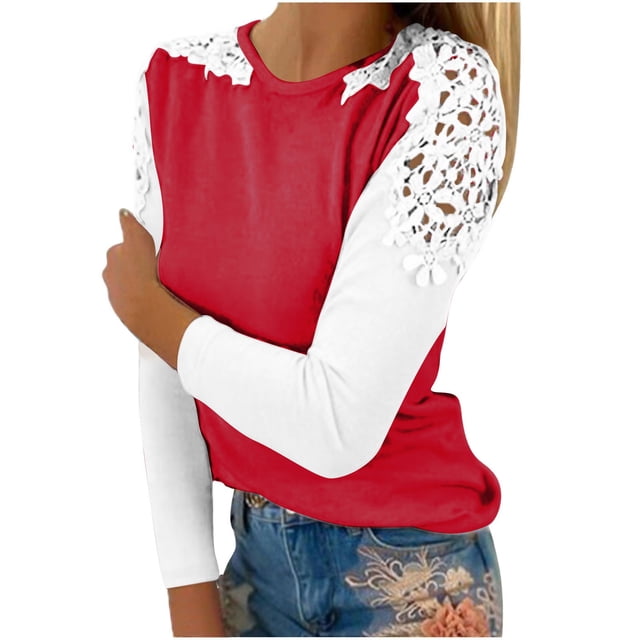 FcBaudy Hauts pour Femmes, Blouses & Chemises à Manches Longues Col Rond, Chemises pour Femmes Décontractées Col Rond Dentelle Ajourée Chandail Blouse T-shirt Hauts Blouse pour Femmes