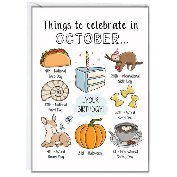 October Celebration Card – "Things to Celebrate in October" Featuring Birthday, Taco Day, Halloween & More – Blank Inside with Envelope Included – Perfect for Birthdays and Special Occasions