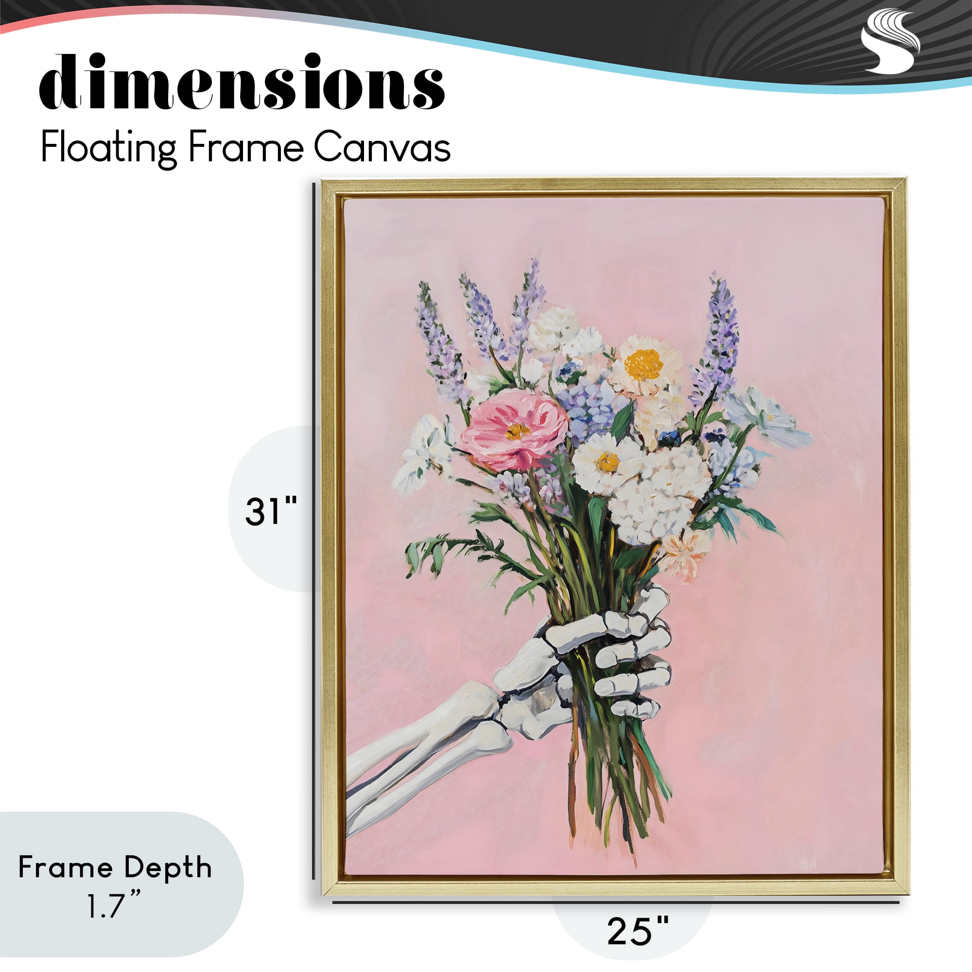 Stupell Industries Skeleton Hand Holding Flowers Gold Framed Floater Canvas Wall Art, design by The Prints Vibe