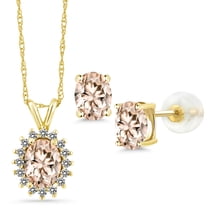 Gem Stone King 14K Yellow Gold Peach Morganite Pendant Earrings Set for Women | 2.24 Cttw | Gemstone October Birthstone | Oval 8X6MM and 6X4MM | with 18 inch Chain