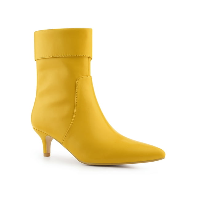 BLISSFUL STEP Women's Fold Over Kitten Heels Solid Print Zip-Up Ankle Boot Yellow 9