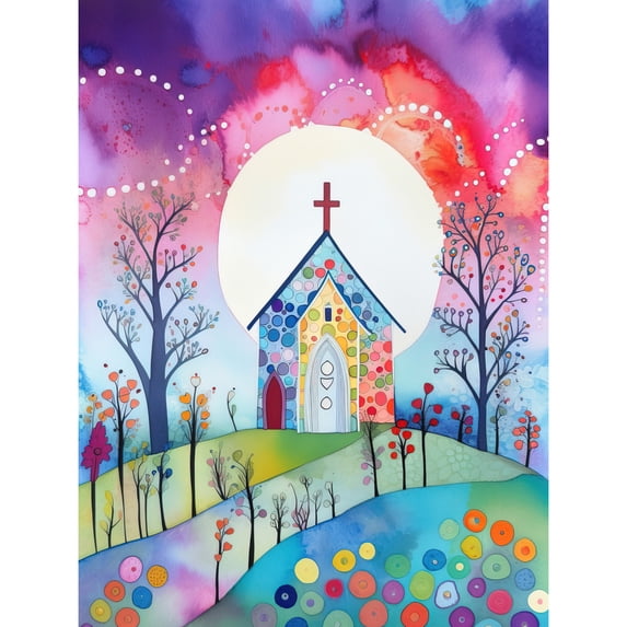 Countryside Chapel In Full Moon Spring Night Modern Folk Art Watercolour Painting Large Wall Art Poster Print Thick Paper 18X24 Inch