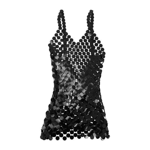 Vestido de tirantes finos con lentejuelas para mujer Zulema Vestido con cuello en V Negro