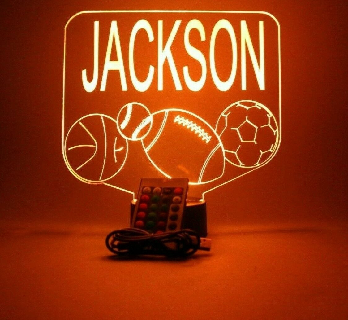 Sports Array Soccer Ball Baseball Football Basketball with Custom Name Night Light Up Lamp LED Free Engraved Custom Name Personalized Athletic Table Lamp with Remote, 16 Colors, It's Wow, Great Gift
