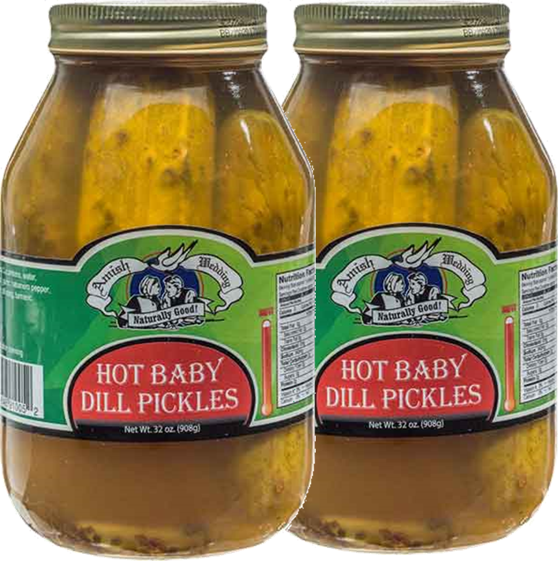Amish Wedding Foods Whole Hot Baby Dill Pickles, 2Pack 32 oz. Quart