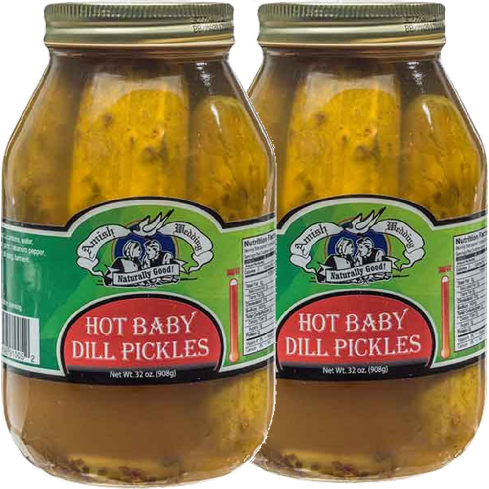 Amish Wedding Foods Whole Hot Baby Dill Pickles, 2Pack 32 oz. Quart Jars